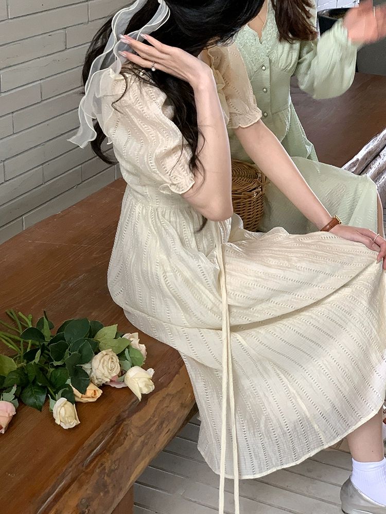 아이보리 퍼프 슬리브 원피스 레이스 공주풍 여리여리 - 상세 이미지 4