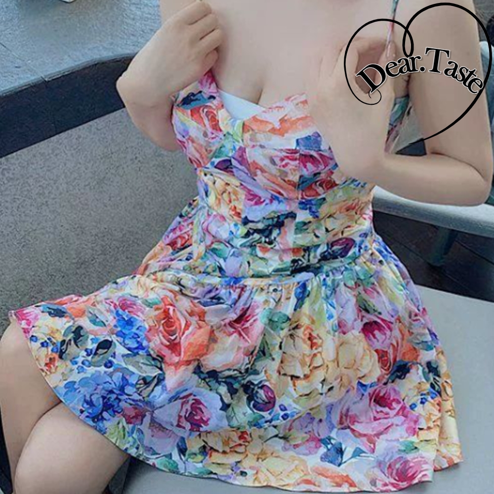 호캉스룩 끈나시 쉬폰 꽃무늬 햅번 플라워원피스 미니드레스 - 메인 이미지