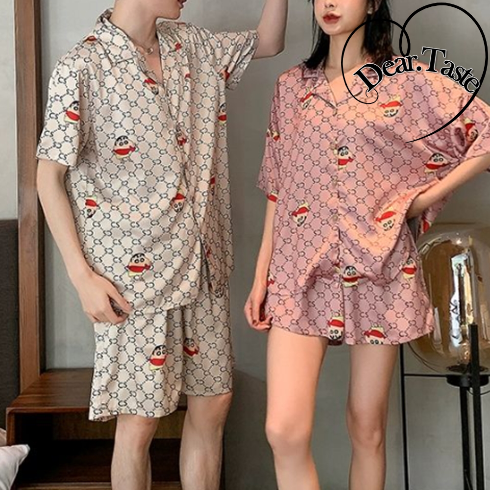 귀여운 여름 커플실크잠옷 빅사이즈 여성실크 실내복세트 아이스 반팔 파자마 홈웨어 - 상품 이미지