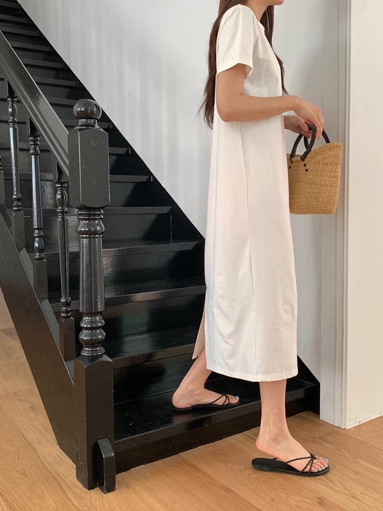 베이직 스판 뒷트임 맥시 반팔 롱 원피스 여성 여름 원피스 H라인 데일리룩 베이지 핑크