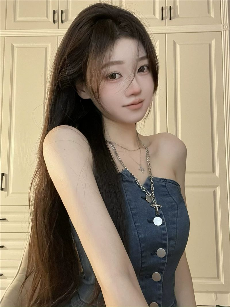 데님 튜브탑 상의 오프숄더 뷔스티에 블루 숏탑 청조끼 - 상세 이미지 4