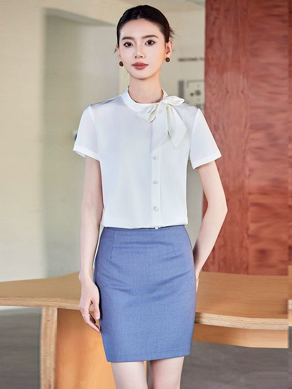 여성 여름 반팔 고급 화이트 셔츠 유니폼 리본 - 상세 이미지 5
