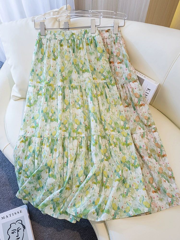 여성 여름 플로럴 롱 꽃무늬 캐주얼 A라인 편안한 가벼운 스타일 다용도 플레어스커트 - 상세 이미지 4