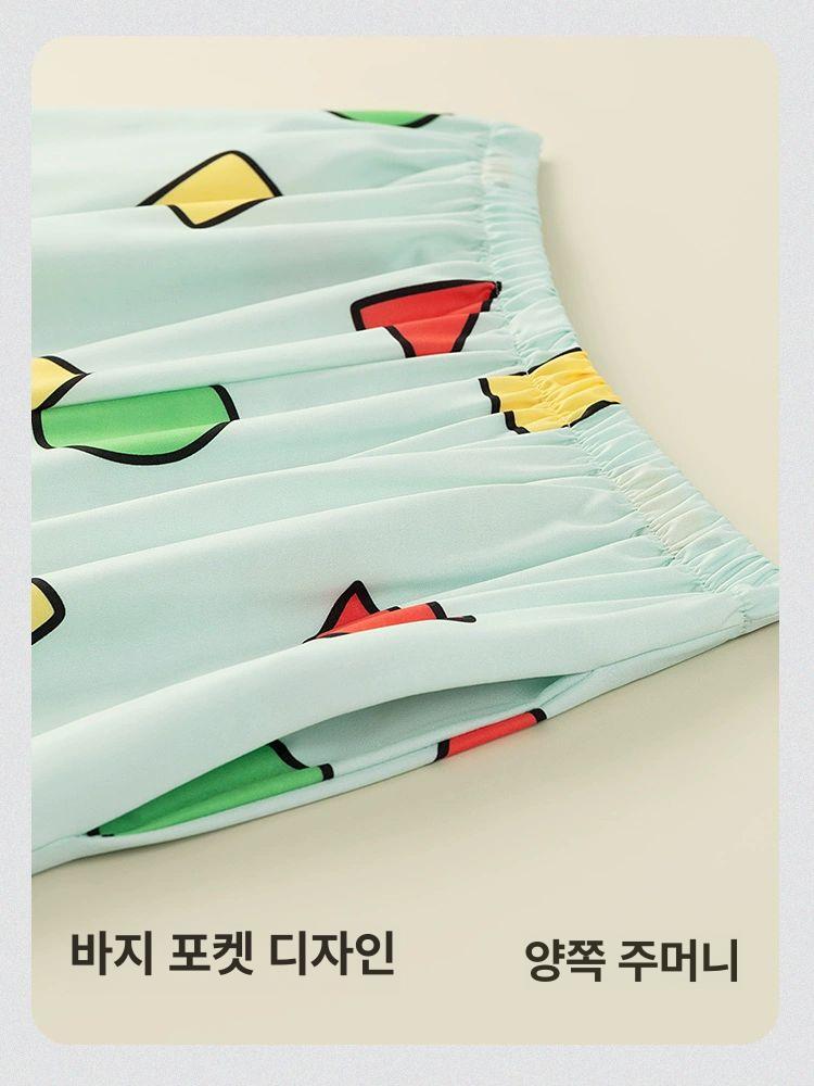 커플 잠옷 여름 수면 반팔바지 실크 파자마 세트 - 상세 이미지 4