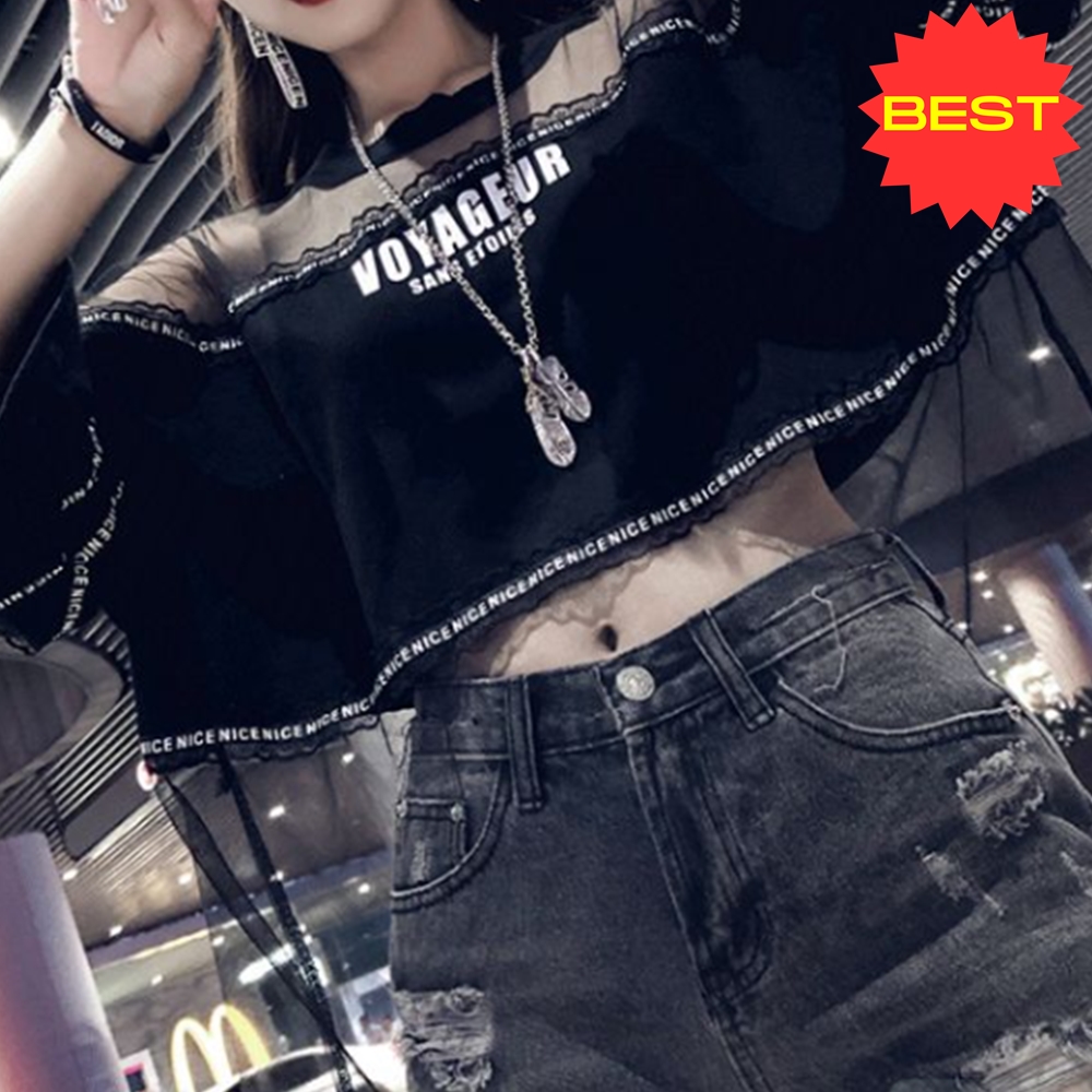 시스루 메쉬 탑 오버핏 티셔츠 방송댄스복 줌바복 공연 의상 걸그룹 아이돌의상 힙합 스타일 - 상품 이미지