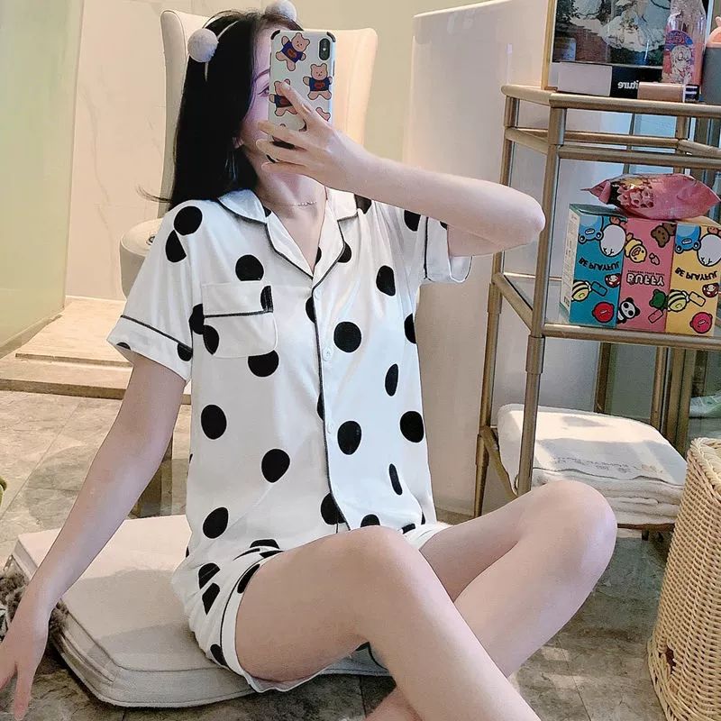 반팔 바지 투피스 귀여운 폴카 도트 실크 잠옷 귀여운 공주풍 - 상세 이미지 3