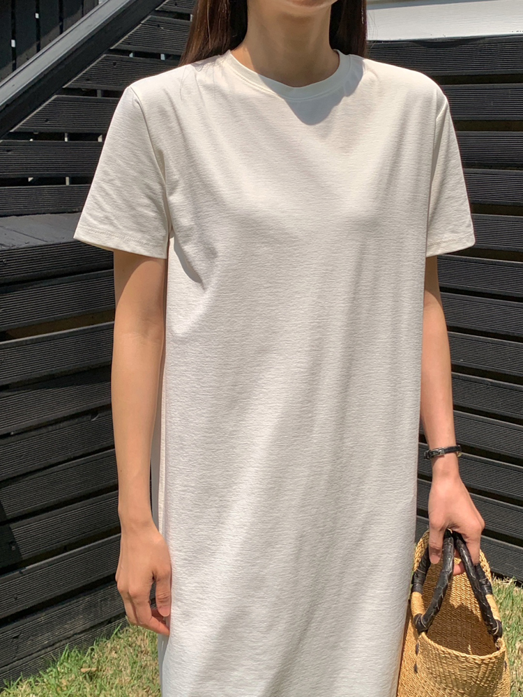 베이직 스판 뒷트임 맥시 반팔 롱 원피스 여성 여름 원피스 H라인 데일리룩 베이지 핑크