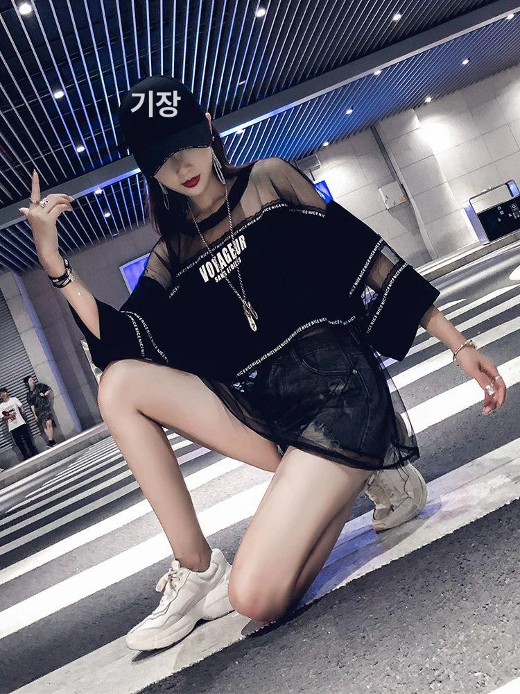 시스루 메쉬 탑 오버핏 티셔츠 방송댄스복 줌바복 공연 의상 걸그룹 아이돌의상 힙합 스타일 - 상세 이미지 5