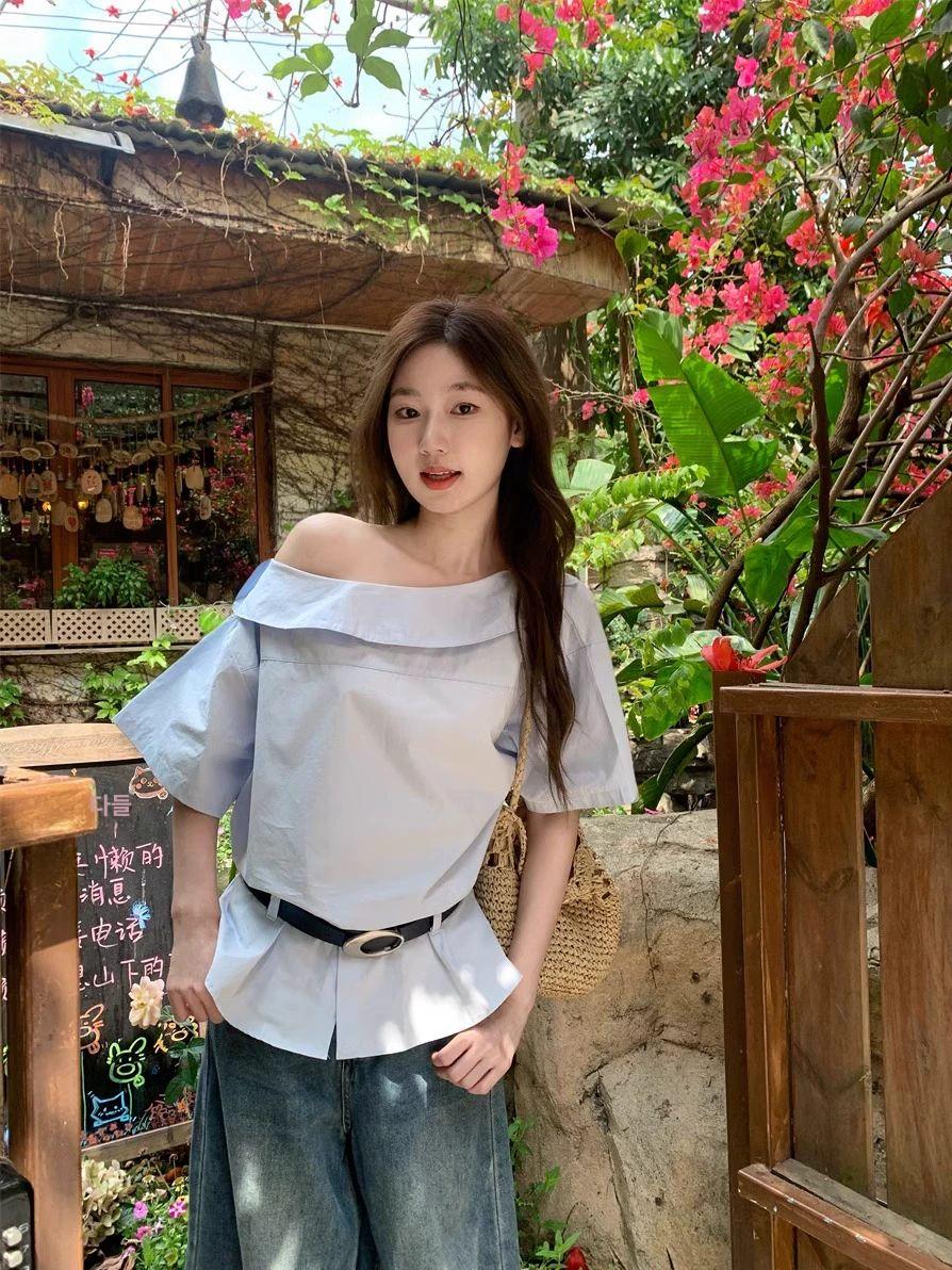 블루 오프숄더 반팔 반팔셔츠 블루셔츠 여성셔츠 여름패션 캐주얼블라우스 - 상세 이미지 5