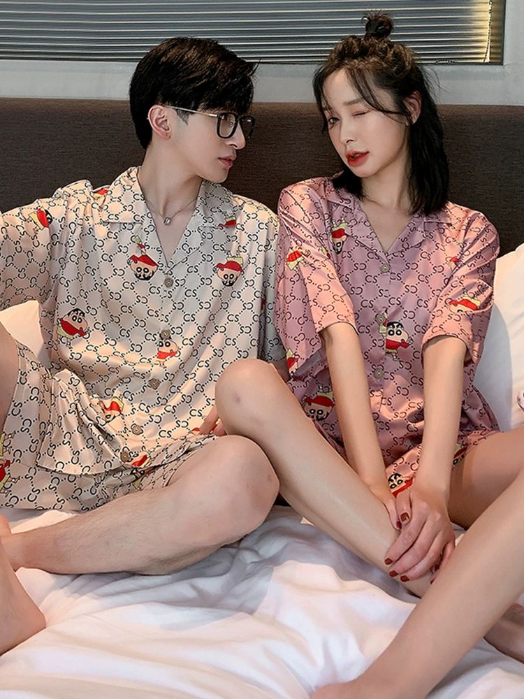 귀여운 여름 커플실크잠옷 빅사이즈 여성실크 실내복세트 아이스 반팔 파자마 홈웨어 - 상세 이미지 2