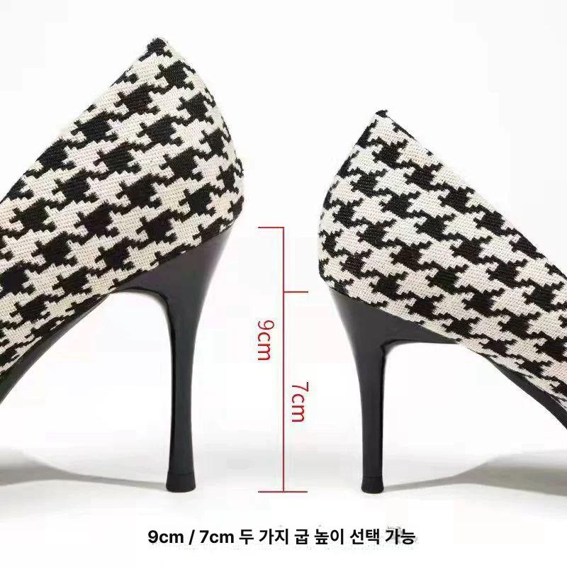 트위드 예쁜 여성 스틸레토 힐 진주 구두 코사지 체크 - 상세 이미지 5