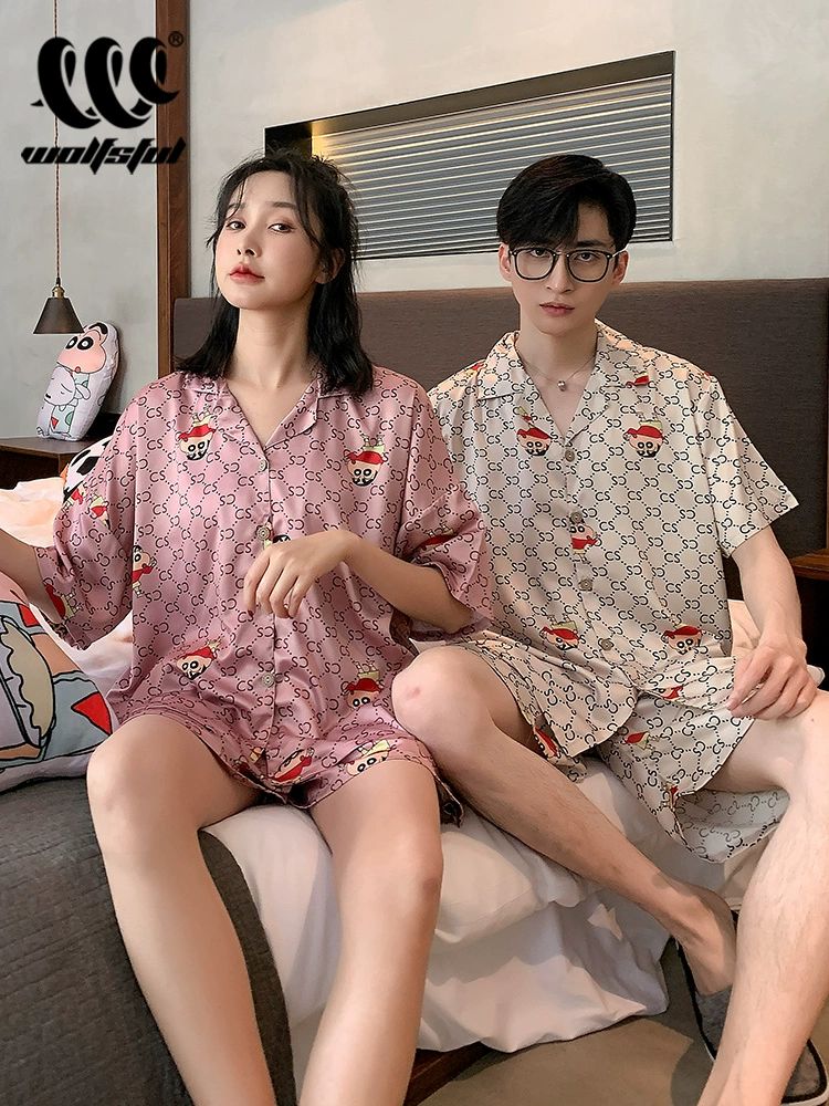 귀여운 여름 커플실크잠옷 빅사이즈 여성실크 실내복세트 아이스 반팔 파자마 홈웨어 - 상세 이미지 4