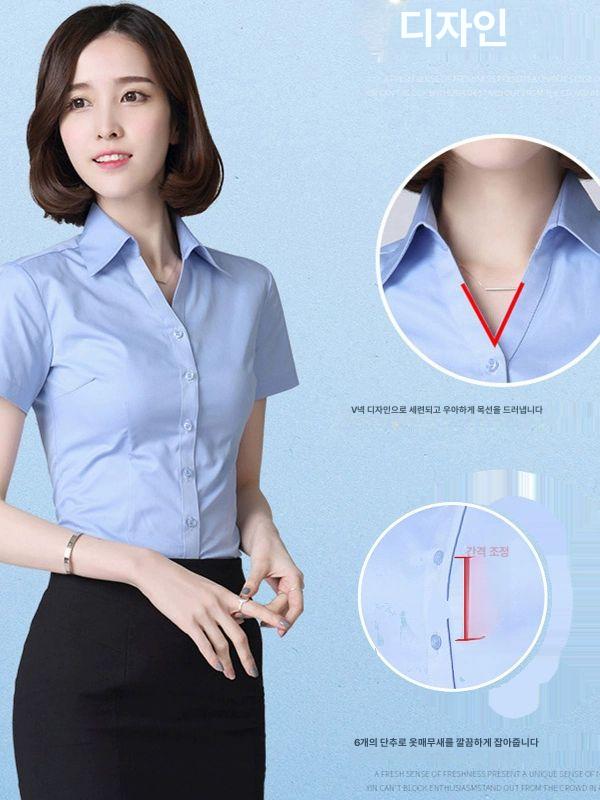 여성 여름 반팔 V넥 셔츠 유니폼 슬림핏 출근 상의 - 상세 이미지 5