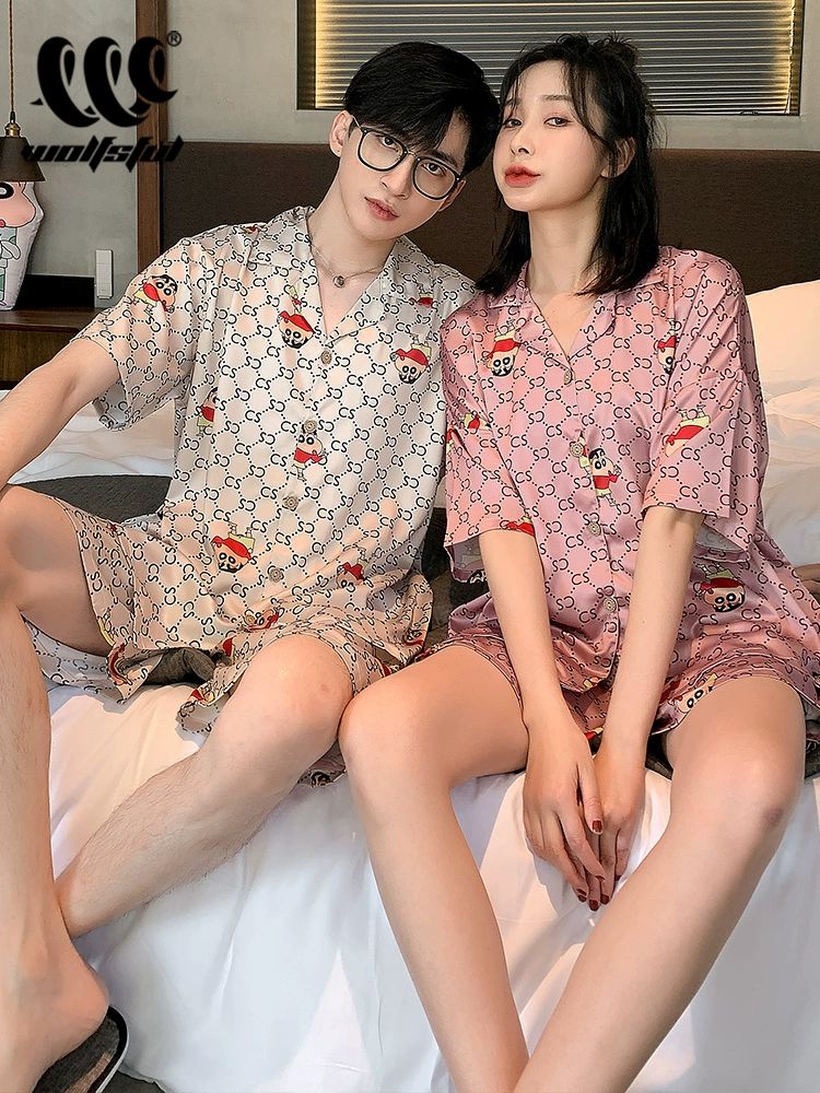 귀여운 여름 커플실크잠옷 빅사이즈 여성실크 실내복세트 아이스 반팔 파자마 홈웨어 - 상세 이미지 3