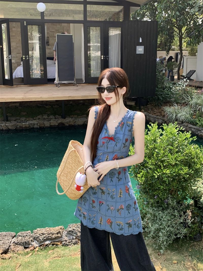 꽃 자수 레이스 여름 여성 미니 롱 유니크 하객룩 체크 패치워크 드레스 민소매 - 상세 이미지 3