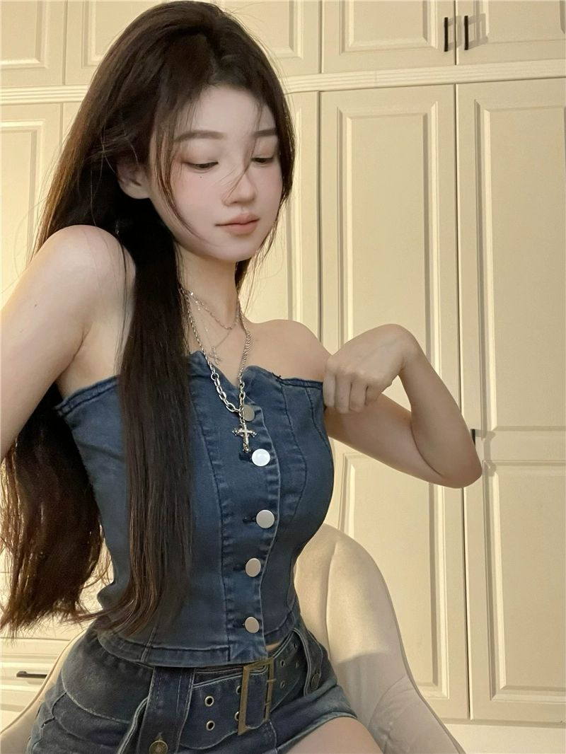 데님 튜브탑 상의 오프숄더 뷔스티에 블루 숏탑 청조끼 - 상세 이미지 3
