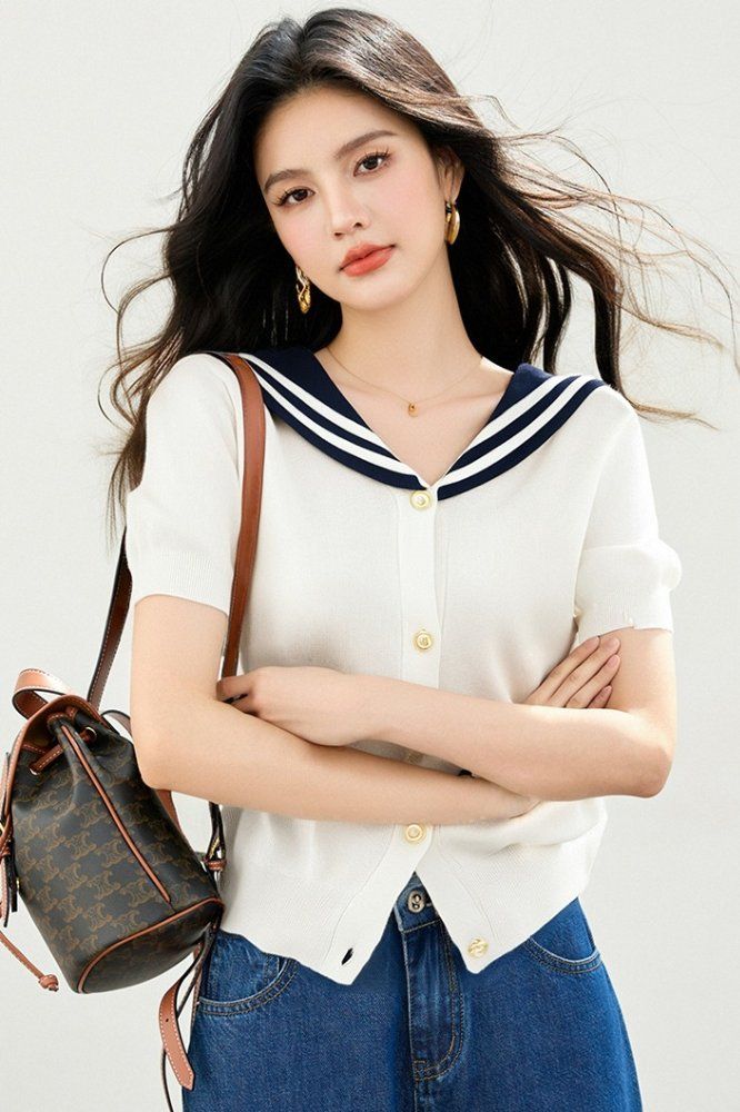 봄 여름 여성 슬림핏 세일러 카라 반팔 니트 가디건 데일리룩 브이넥 트리아세테이트 배색 버튼 상의 - 상세 이미지 5