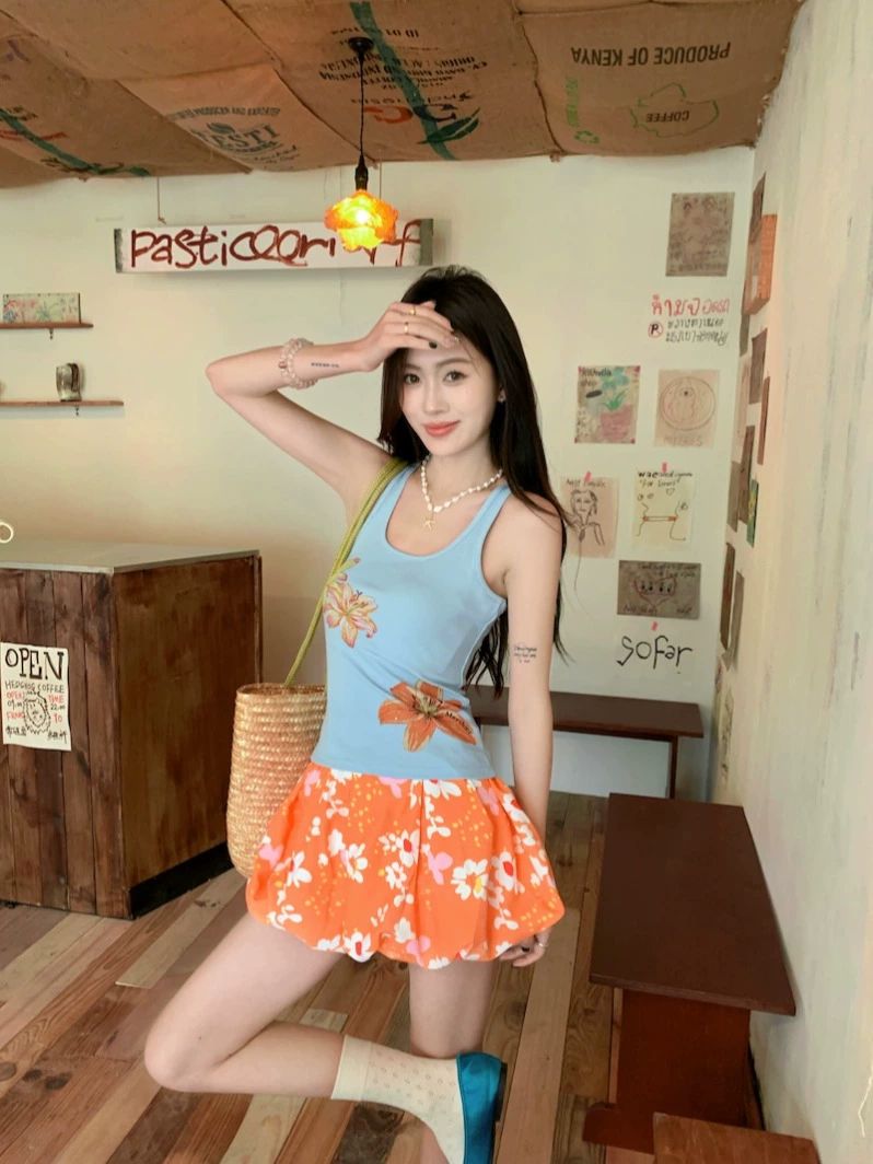 꽃무늬 스커트 오렌지 투피스 코디세트 플라워 프린트 플레어 캉캉 주름 - 상세 이미지 3
