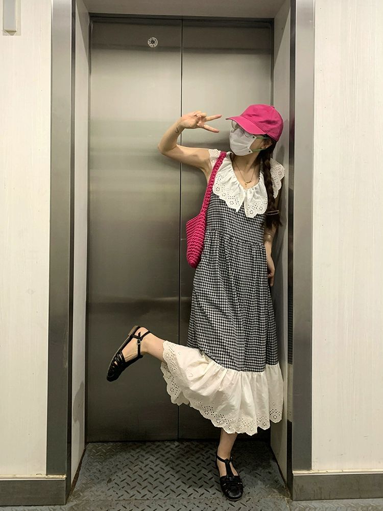 티수 레이스 체크 롱 드레스 롱원피스 체크원피스 겨울롱원피스 여름원피스 하객룩원피스 슬리브 - 상세 이미지 2