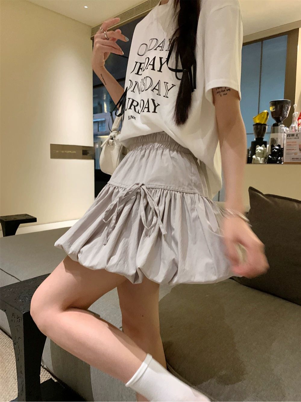 여성 여름 나비넥타이 플레어스커트 체크스커트 미디스커트 디자인 캐주얼 트렌디 패션 - 상세 이미지 2