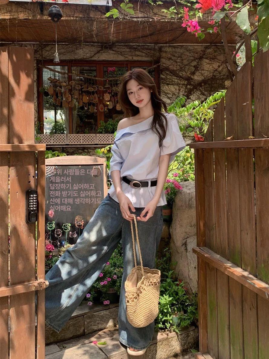 블루 오프숄더 반팔 반팔셔츠 블루셔츠 여성셔츠 여름패션 캐주얼블라우스 - 상세 이미지 3
