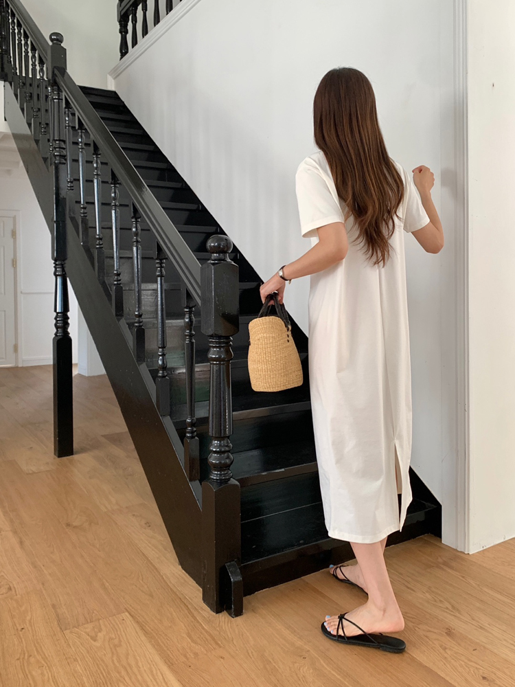 베이직 스판 뒷트임 맥시 반팔 롱 원피스 여성 여름 원피스 H라인 데일리룩 베이지 핑크