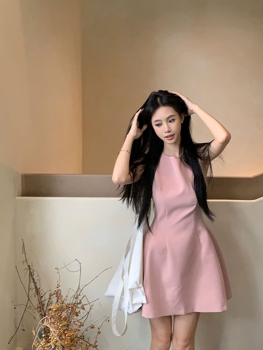 허리 조임 여름 민소매 원피스 날씬해보이는 슬림핏 하객룩 단정한 - 상세 이미지 3