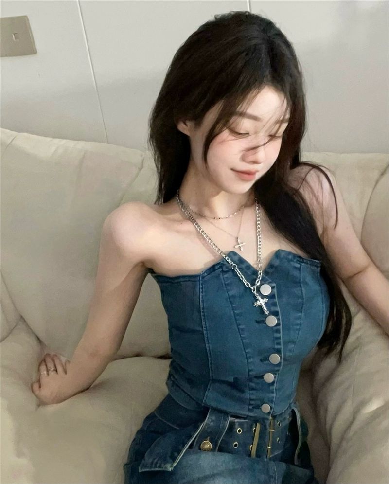 데님 튜브탑 상의 오프숄더 뷔스티에 블루 숏탑 청조끼 - 상세 이미지 5