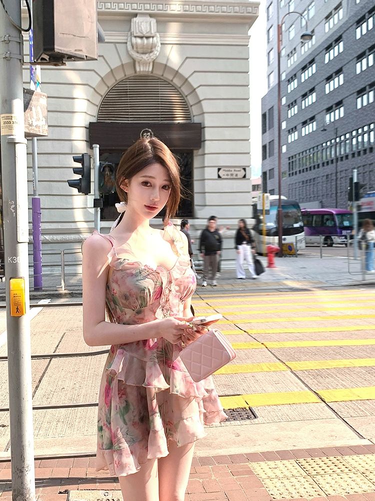 꽃무늬 러플 슬링 여름 민소매 플레어 여성 휴양지 데이트룩 플로럴 드레스 롱 패션 - 상세 이미지 3