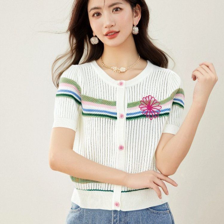 봄 여름 여성 슬림핏 스트라이프 반팔 니트 가디건 데일리룩 라운드넥 트리아세테이트 플라워 자수 상의