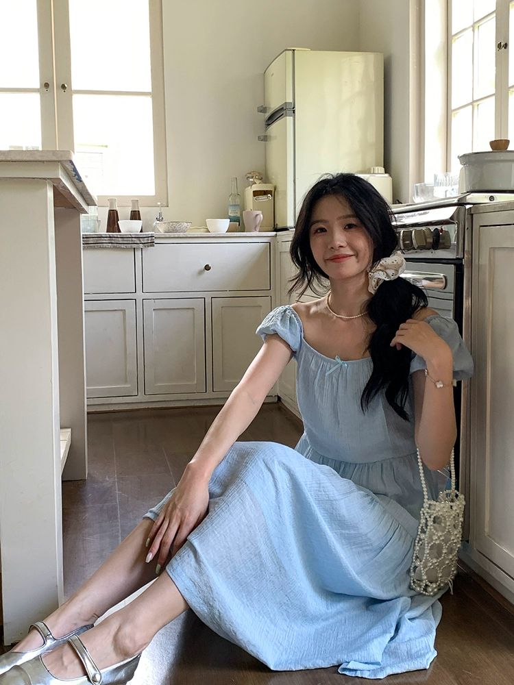 여름 루즈핏 퍼프 슬리브 드레스 여름원피스 여성 블루 캐주얼 편안한 신상 패션 인기 - 상세 이미지 2