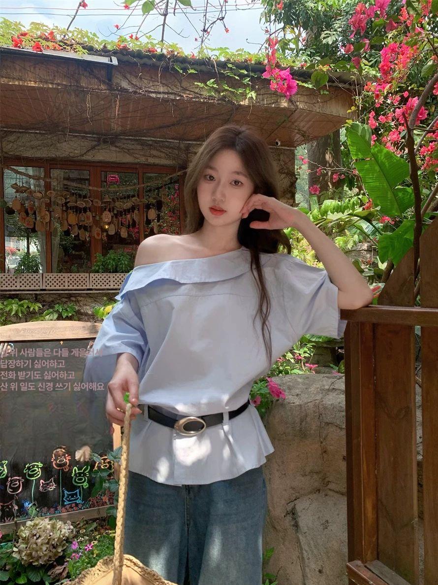 블루 오프숄더 반팔 반팔셔츠 블루셔츠 여성셔츠 여름패션 캐주얼블라우스 - 상세 이미지 2