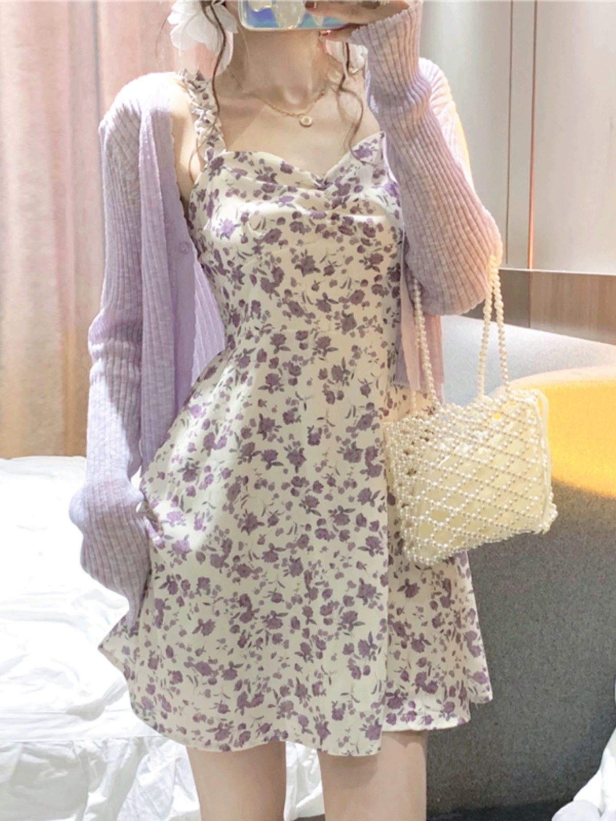 프렌치 스타일 쁘띠 쉬폰 세트 여성 여름 미니 투피스 패셔너블 부드러운 소재 플로럴 - 상세 이미지 2