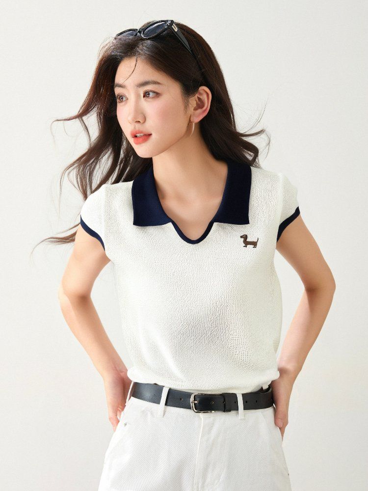 여성 슬림핏 봄 여름 캐릭터 자수 반팔 니트 폴로 카라 데일리룩 브이넥 트리아세테이트 배색 상의 - 상세 이미지 4