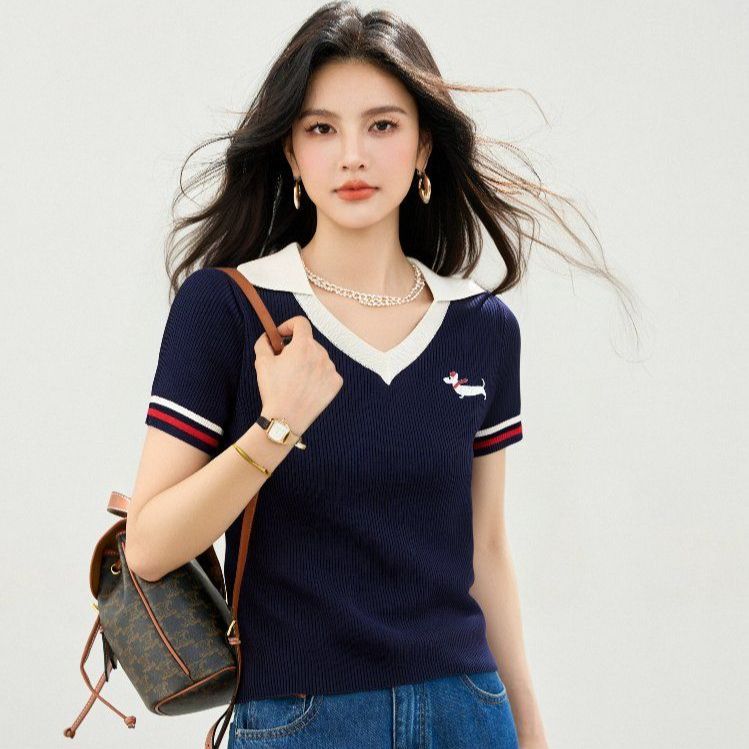 봄 여름 여성 슬림핏 캐릭터 자수 반팔 니트 폴로 카라 데일리룩 브이넥 트리아세테이트 배색 상의