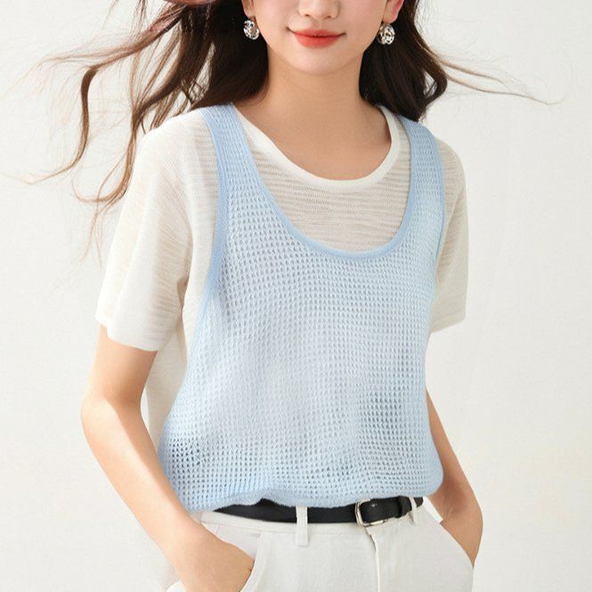 봄 여름 여성 슬림핏 시스루 니트 나시 반팔 티셔츠 데일리룩 라운드넥 트리아세테이트 페이크 레이어드 상의 - 메인 이미지