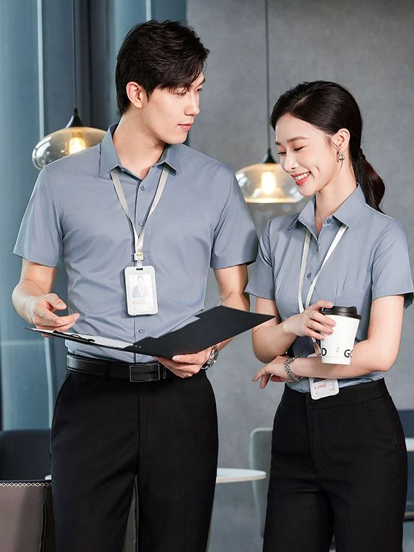 비즈니스 반팔 셔츠 남녀공용 슬림핏 유니폼 상하의 세트 - 상세 이미지 4
