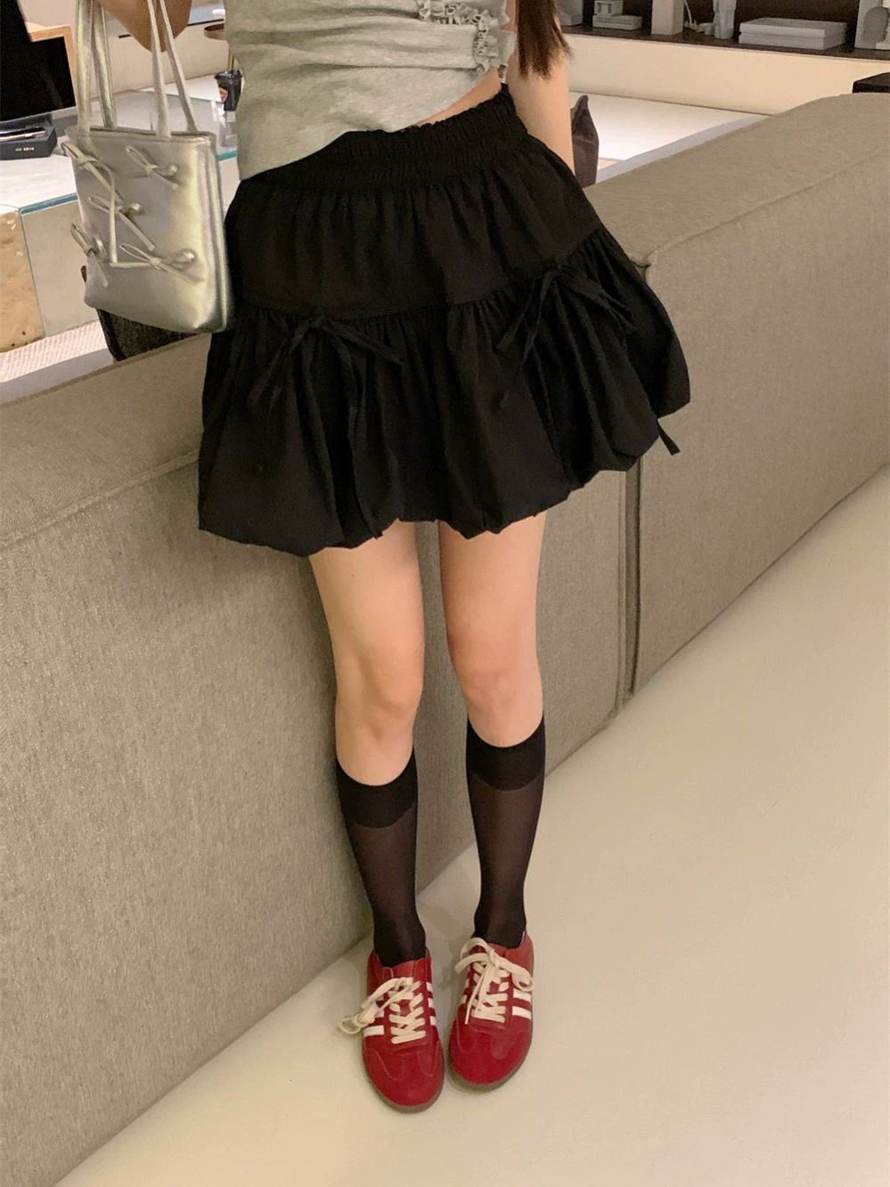 여성 여름 나비넥타이 플레어스커트 체크스커트 미디스커트 디자인 캐주얼 트렌디 패션 - 상세 이미지 3