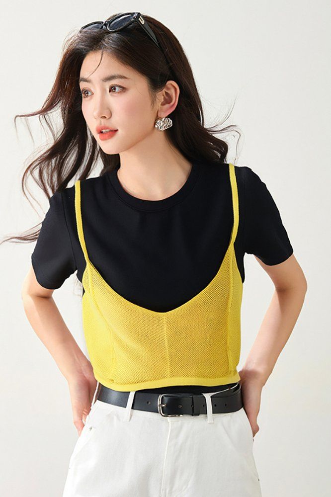 봄 여름 여성 슬림핏 레이어드 나시 반팔 티셔츠 세트 캐주얼룩 데일리룩 메쉬 배색 포인트 - 상세 이미지 2