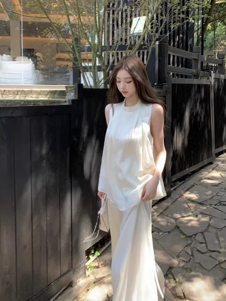 라운드넥민소매블라우스 와이드팬츠 투피스세트 코디 캐주얼 오피스룩 루즈핏 고급 여름 화이트 - 상세 이미지 2