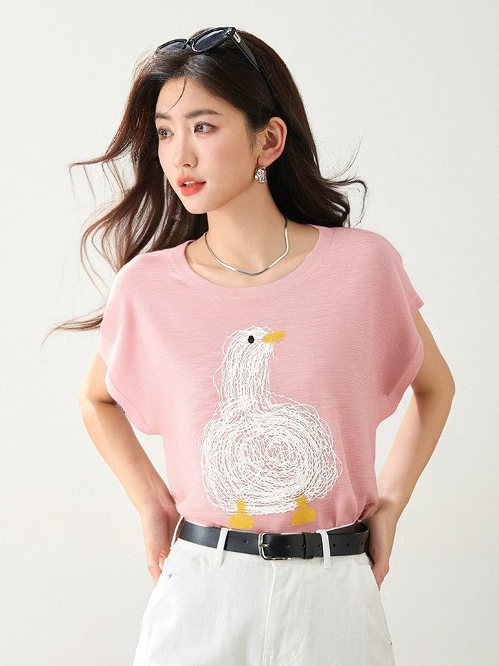 봄 여름 여성 슬림핏 캐릭터 프린트 반팔 티셔츠 스윗룩 데일리룩 귀여운 라운드넥 포인트 - 상세 이미지 3