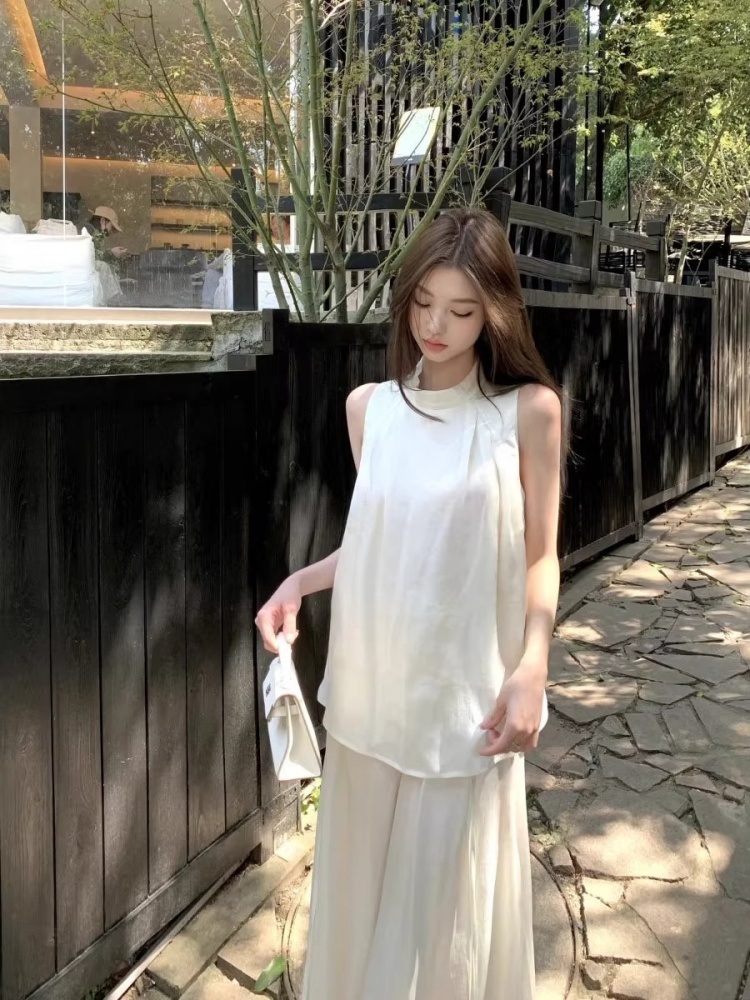 라운드넥민소매블라우스 와이드팬츠 투피스세트 코디 캐주얼 오피스룩 루즈핏 고급 여름 화이트 - 상세 이미지 3