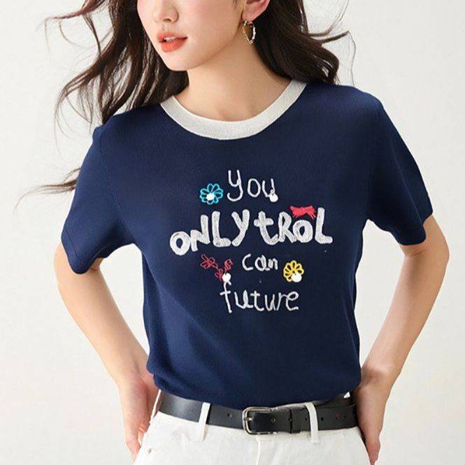 봄 여름 여성 슬림핏 레터링 플라워 반팔 티셔츠 캐주얼룩 데일리룩 배색 라운드넥 프린트 - 상품 이미지