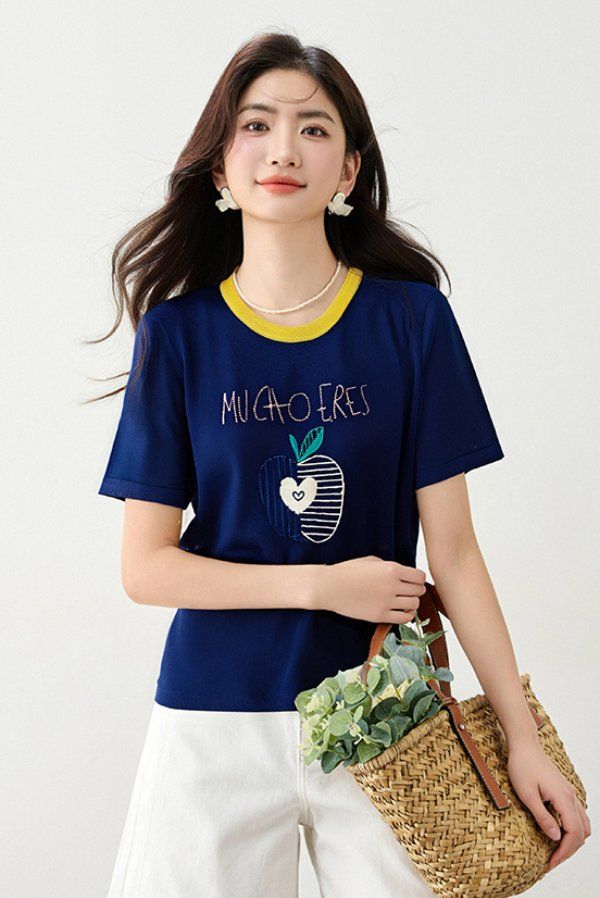 봄 여름 여성 루즈핏 과일 자수 반팔 티셔츠 아티스틱룩 데일리룩 배색 라운드넥 레터링 - 상세 이미지 3