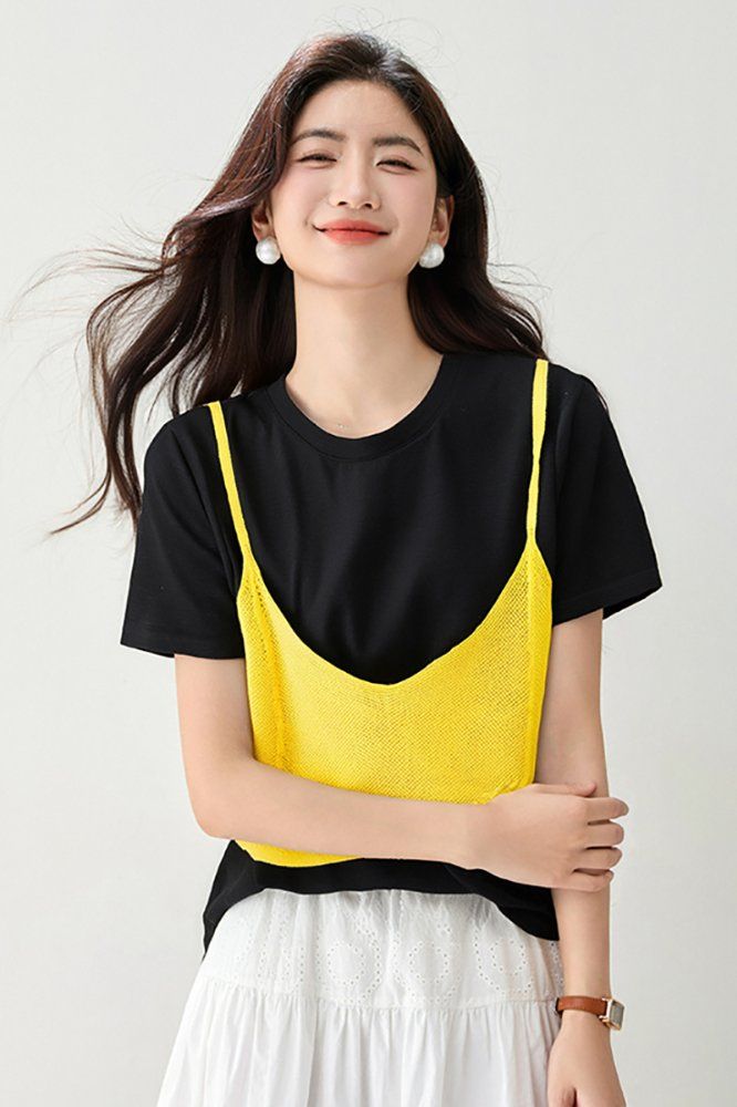 봄 여름 여성 슬림핏 레이어드 나시 반팔 티셔츠 세트 캐주얼룩 데일리룩 메쉬 배색 포인트 - 상세 이미지 4