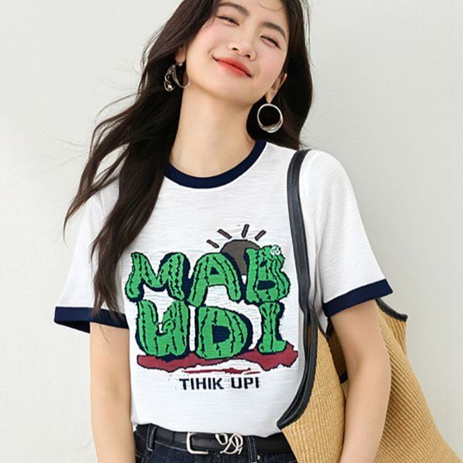 봄 여름 여성 슬림핏 레터링 그래픽 반팔 티셔츠 캐주얼룩 데일리룩 배색 라운드넥 포인트 - 상품 이미지