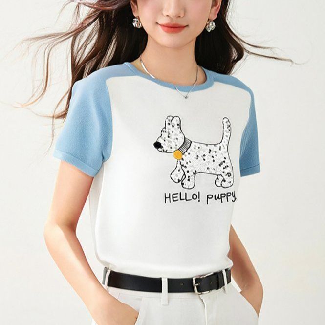 봄 여름 여성 슬림핏 강아지 캐릭터 반팔 티셔츠 캐주얼룩 데일리룩 배색 나그랑 라운드넥 - 상품 이미지