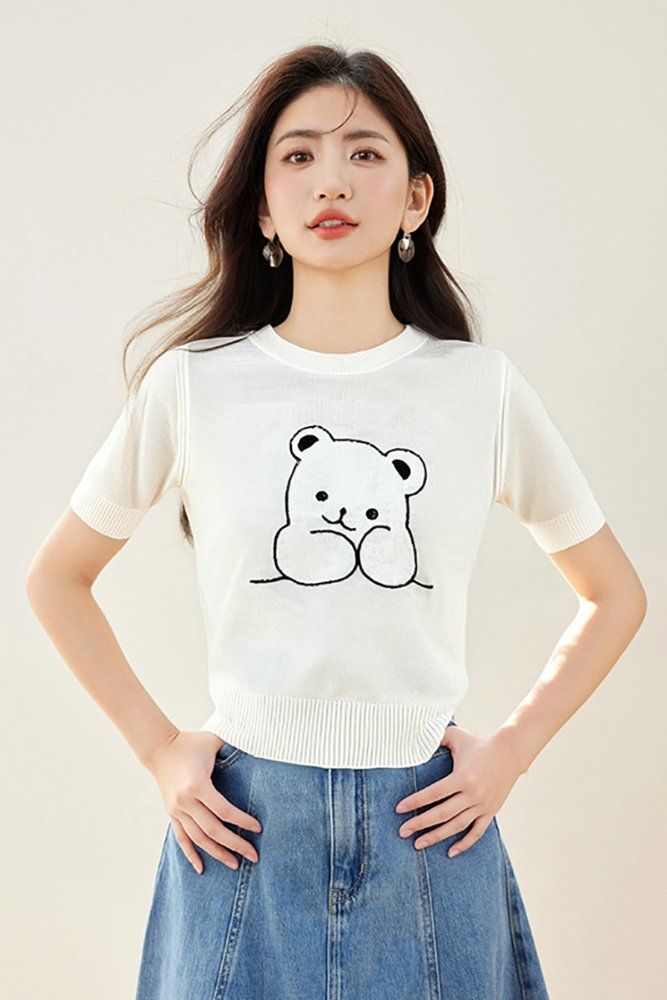 봄 여름 여성 슬림핏 곰돌이 캐릭터 반팔 니트 캐주얼룩 데일리룩 귀여운 라운드넥 티셔츠 - 상세 이미지 3