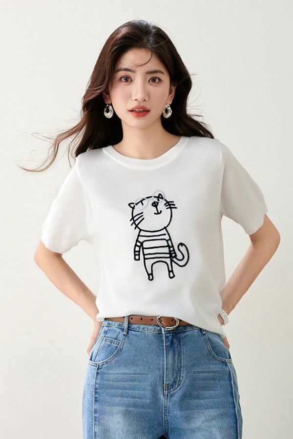 봄 여름 여성 슬림핏 캐릭터 프린트 반팔 니트 레트로룩 데일리룩 귀여운 라운드넥 티셔츠 - 상세 이미지 3
