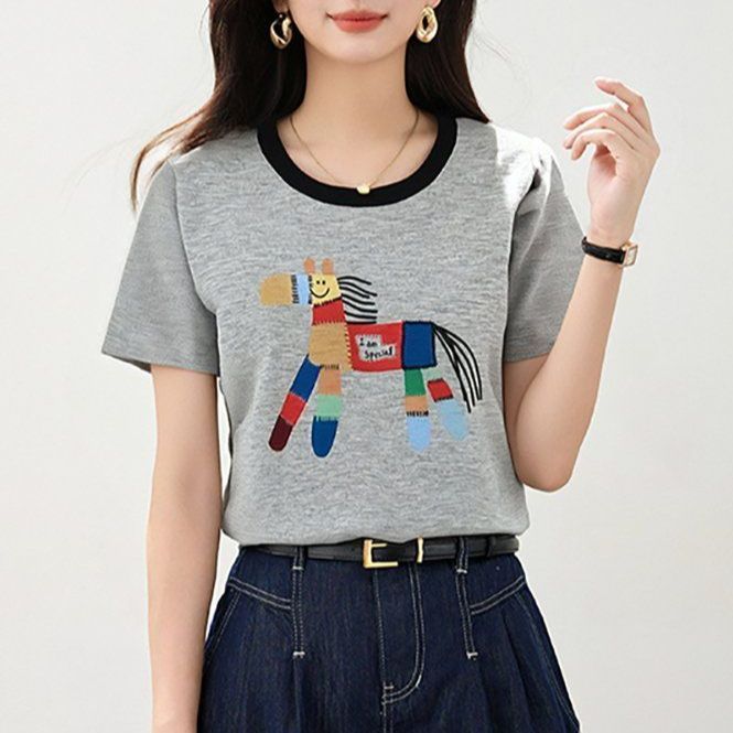 봄 여름 여성 슬림핏 캐릭터 자수 반팔 티셔츠 캐주얼룩 데일리룩 배색 라운드넥 레터링 - 상품 이미지